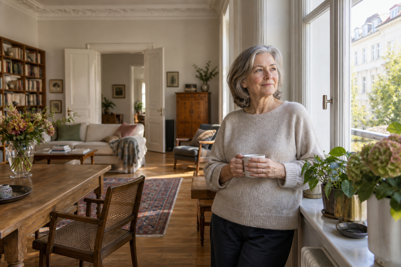 Erbin steht am Fenster einer geerbten Stadtwohnung